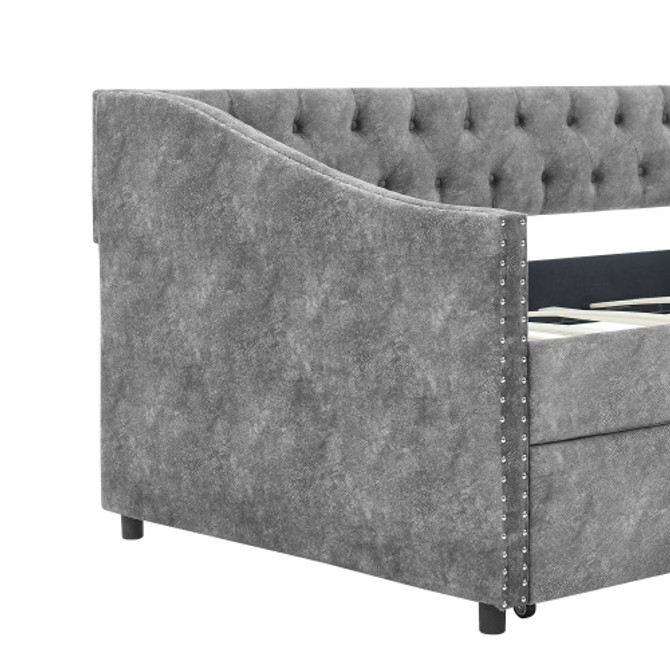 Twin Size Daybed with Drawers Upholstered Tufted Sofa Bed, with Button on Back and Copper Nail on Waved Shape Arms, Grey (81.5''x4''x30.5'') 