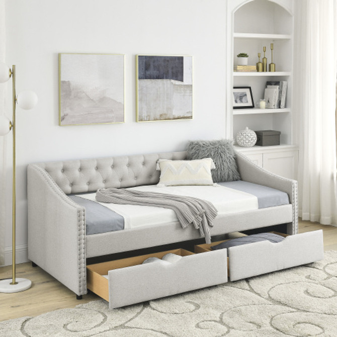 Twin Size Daybed with Drawers Upholstered Tufted Sofa Bed, with Button on Back and Copper Nail on Waved Shape Arms, Beige(81.5''x41''x30.5'')