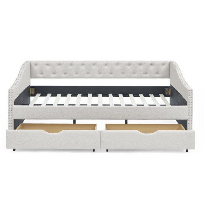 Full Size Daybed with Drawers Upholstered Tufted Sofa Bed, with Button on Back and Copper Nail on Waved Shape Arms, Beige (80.5''x55.5''x27.5'')  