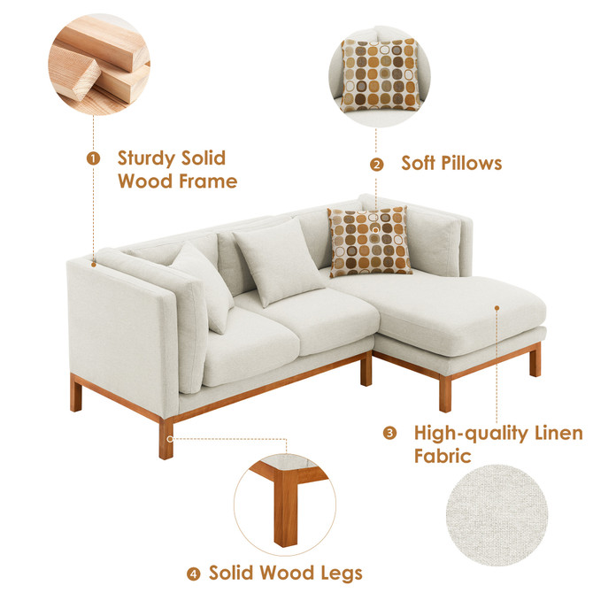 Modern Sectional Sofa, Rustic L-shaped Couch Set with 3 Free Pillows