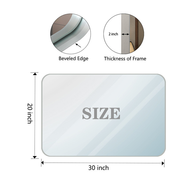 30x20inch Glossy Brushed Silver Rounded Corner Rectangle Bathroom Mirror 