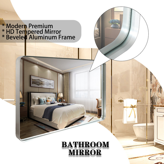30x20inch Glossy Brushed Silver Rounded Corner Rectangle Bathroom Mirror 
