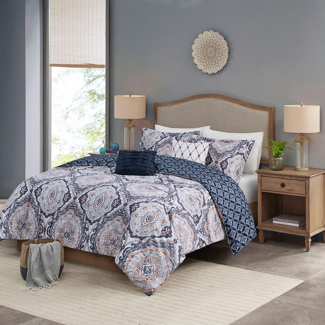 100% Polyester 5 Pieces Comforter Set, Navy