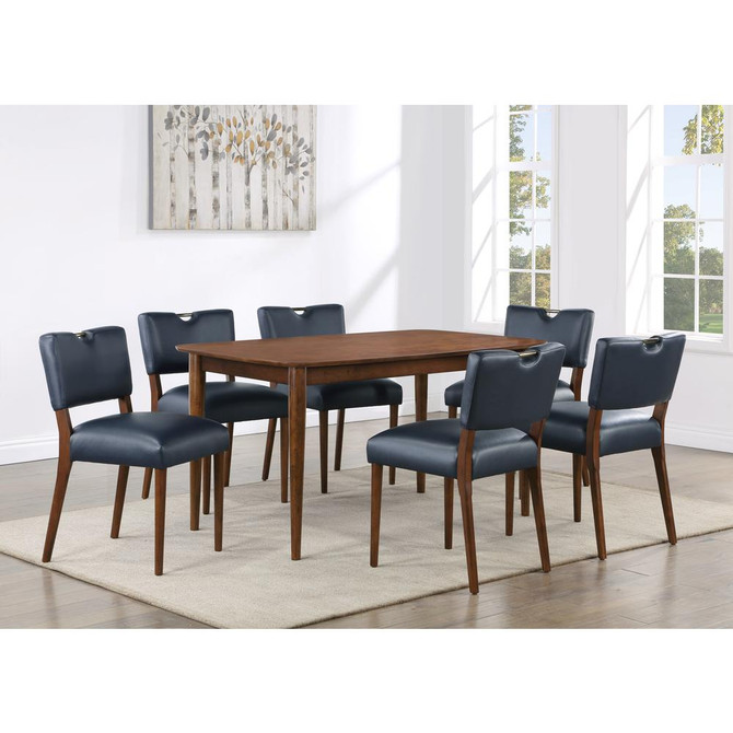 Bonito Midnight Blue Faux Leather 7PC Dining Set in Walnut Finish
