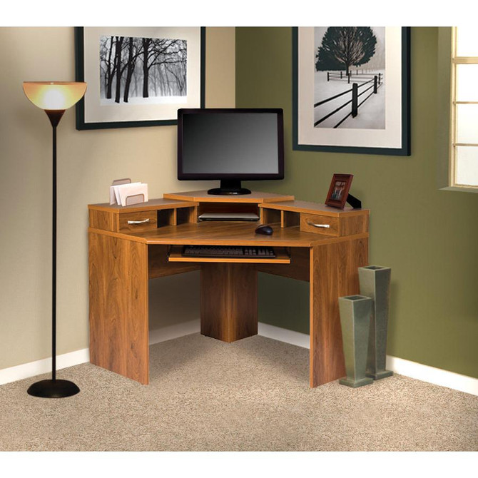 Corner Desk with Monitor Platform, Keyboard Shelf and 2 Drawers