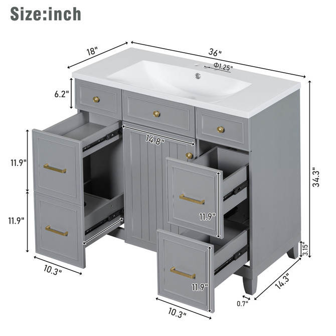 36" Bathroom Vanity Cabinet with Sink Top Combo Set, Grey, Single Sink, Shaker Cabinet with Soft Closing Door and Drawer