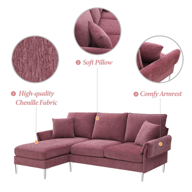 Modern Chenille L-Shaped Sofa Couch with Reversible Chaise Lounge, 2 Pillows