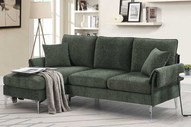 Modern Chenille L-Shaped Sofa Couch with Reversible Chaise Lounge, Green (2 Pillows)