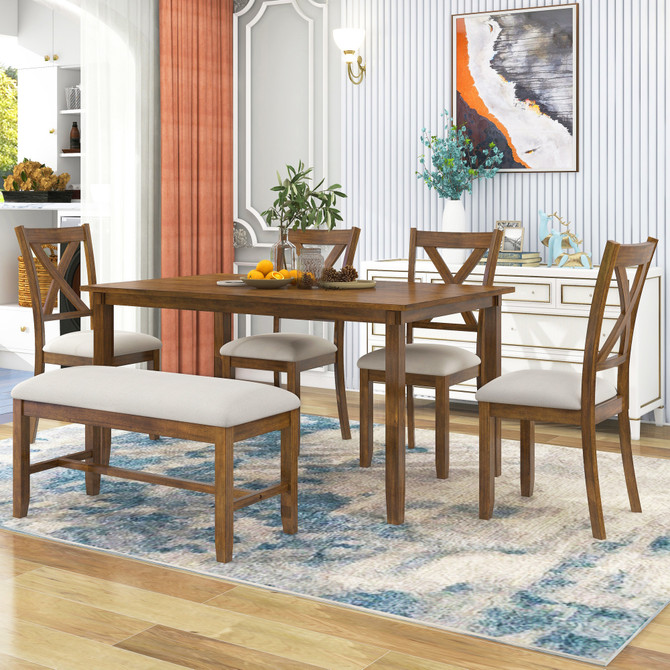 6-Piece Kitchen Dining Table Set Wooden Rectangular Dining Table, Natural Cherry