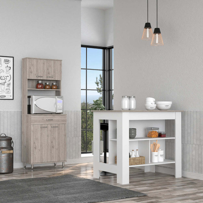 Newton 8-Shelf 1-Drawer 2-piece Kitchen Set, Kitchen Island and Pantry Cabinet White and Light Gray