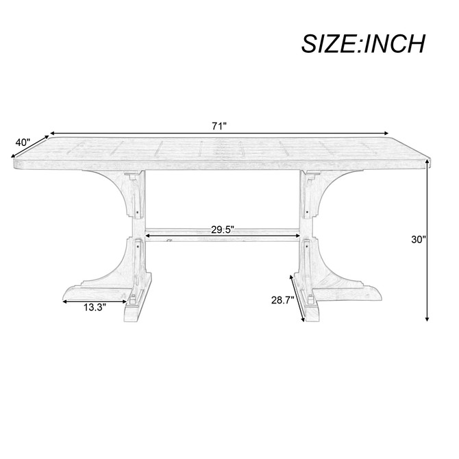 Retro Style Table 71'' Wooden Rectangular Table with Curved Design Legs (Natural Wood Wash)
