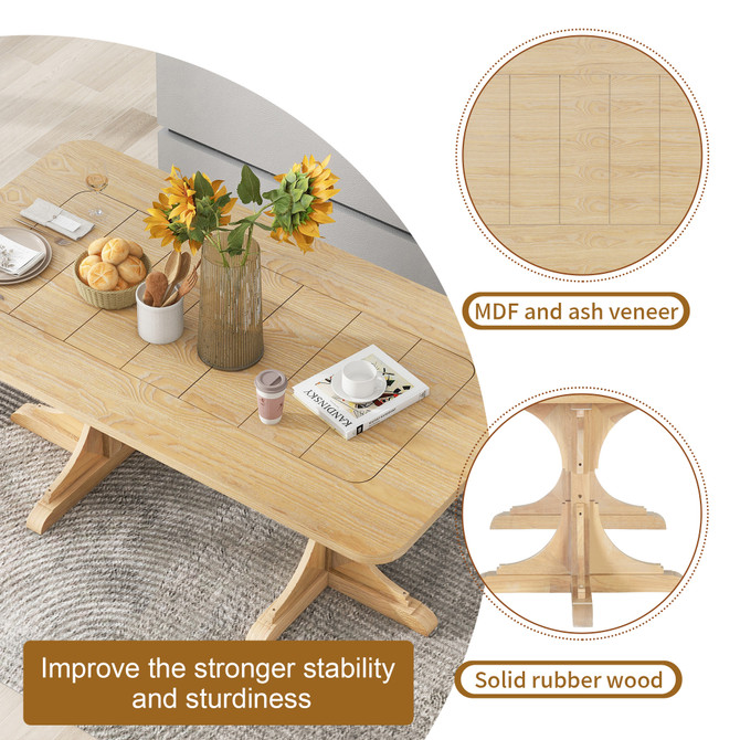 Retro Style Table 71'' Wooden Rectangular Table with Curved Design Legs (Natural Wood Wash)