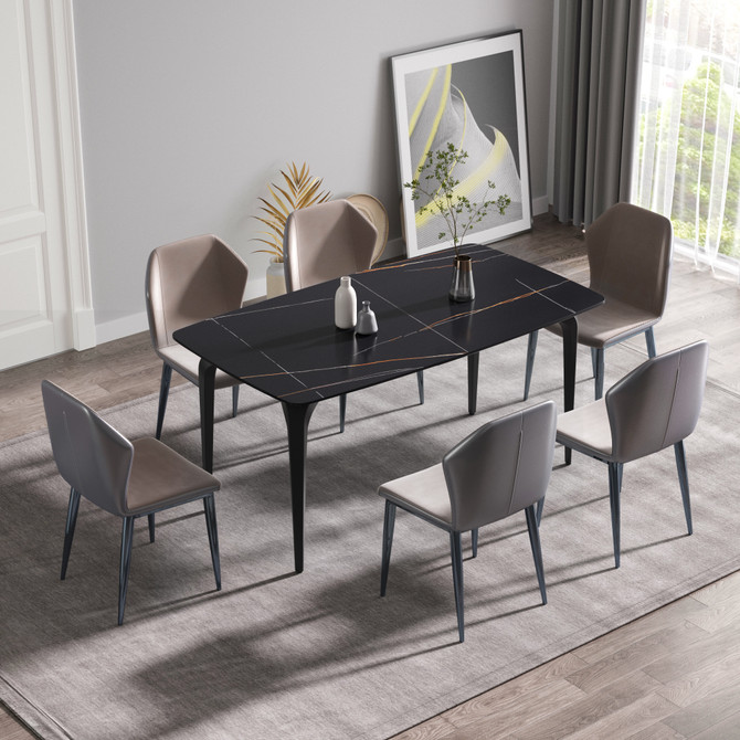 63"Modern artificial stone black curved black metal leg dining table