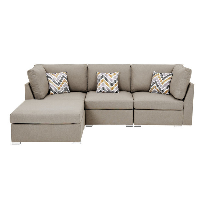 Beige Fabric Sofa with Ottoman & Pillows