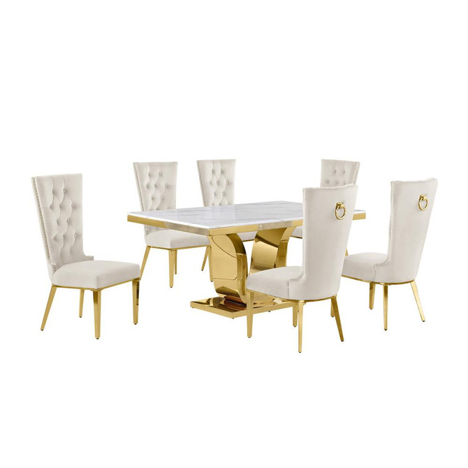 7pc Small(66") marble stop dining set with gold base and 6 Cream side chairs