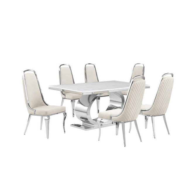7pc Large(68") marble top dining set with silver base and 6 Cream side chairs