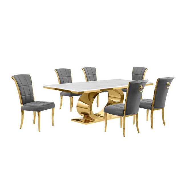 7pc Large(87") marble top dining set with gold base and 6 Dark grey side chairs