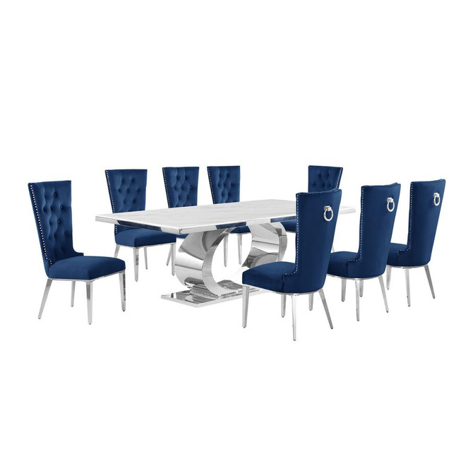 9pc Large(87") marble top dining set with silver base and  8 Navy blue chairs