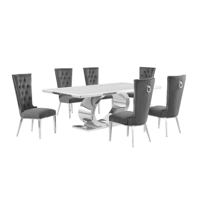 7pc Large(87") marble top dining set with silver base and 6 Dark grey chairs