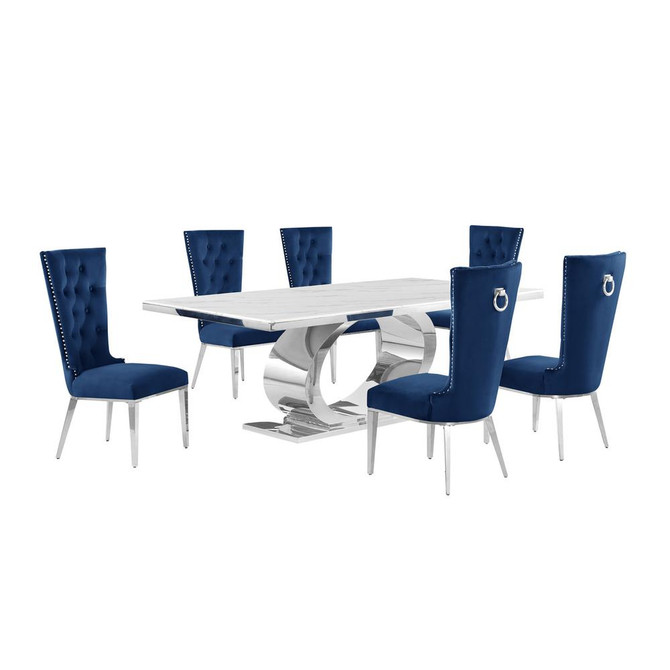 7pc Large(87") marble top dining set with silver base and 6 Navy blue chairs