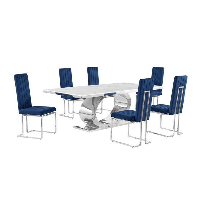 7pc Large(87") marble top dining set with silver base and 6 Navy blue chairs