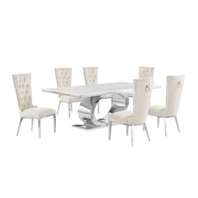 7pc Large(87") marble top dining set with silver base and 6 Cream side chairs