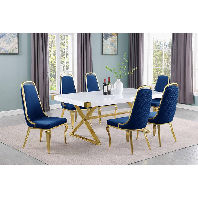 7pc Small(78") white wood top dining set with gold base and 6 side chairs