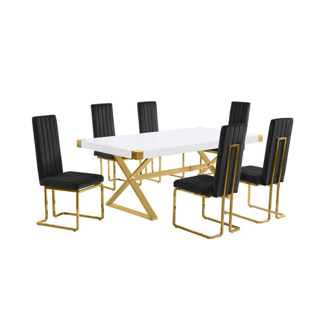 7pc Small(78") white wood top dining set with gold base and 6 Black side chairs
