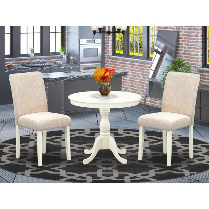AMAB3-LWH-02 3 Pc Kitchen Table Set - 1 Pedestal Table and 2 Light Beige Parson Chairs - Linen White Finish