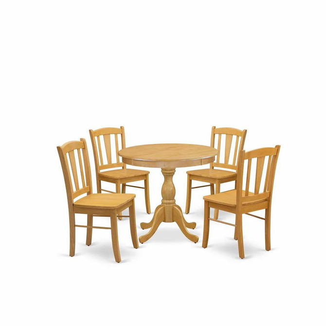 AMDL5-OAK-W - 5-Piece Dining Room Table Set- 4 dining room chairs and Kitchen Dining Table - Wooden Seat and Slatted Chair Back - Oak Finish