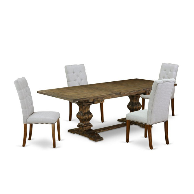 5-pc wood dining table set with Chairs Legs and Modern Gray Linen Fabric