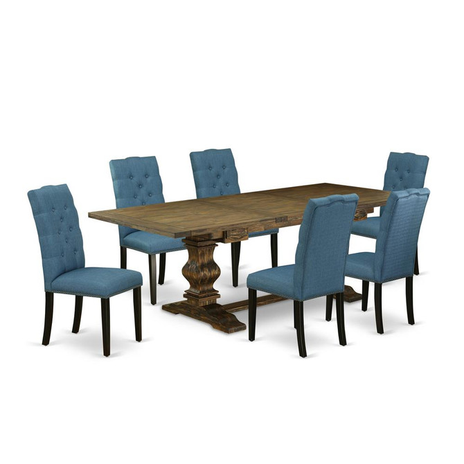 7-piece kitchen table set with Chairs Legs and Mineral Blue Linen Fabric