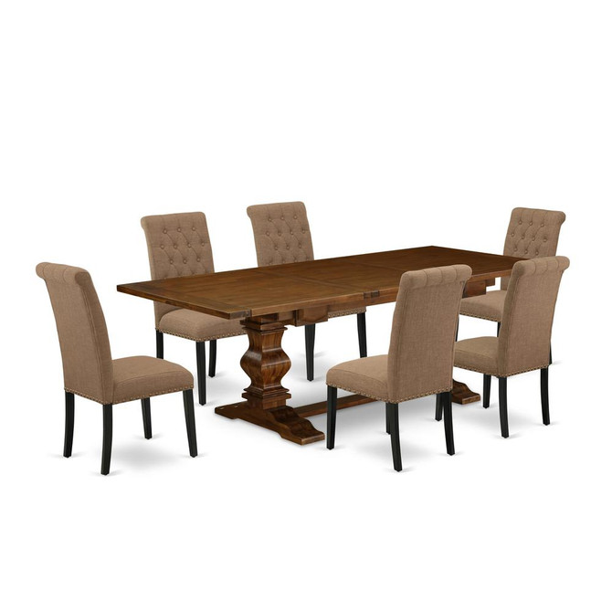 7-piece dining room table set with Chairs Legs and Light Sable Linen Fabric