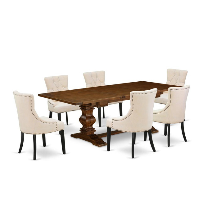 7-pc dining table set with Chairs Legs and Light Beige Linen Fabric