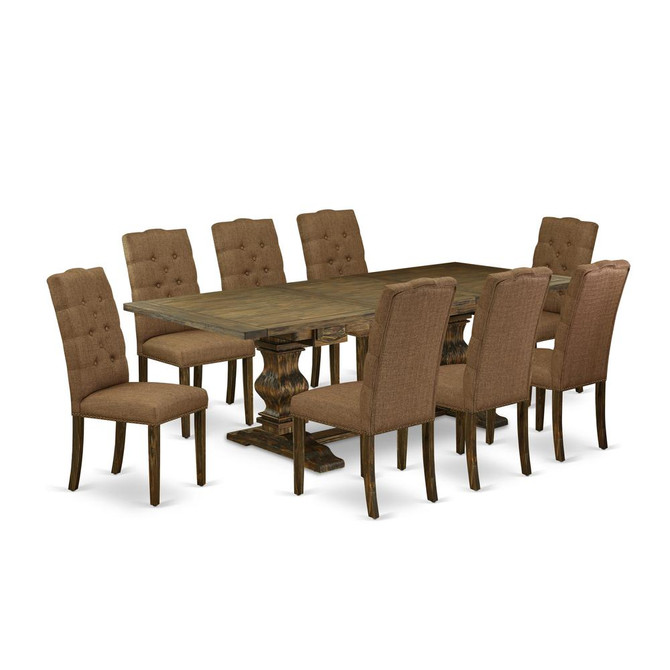 9-pc with Chairs Legs and Brown Beige Linen Fabric