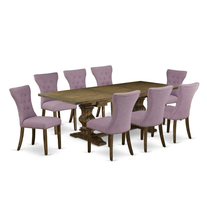 9-pieces dining table set with Chairs Legs and Dahlia Linen Fabric