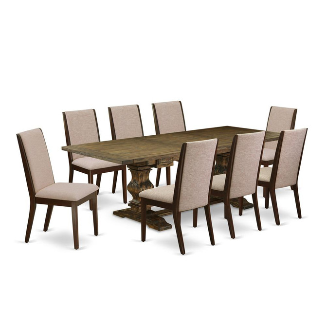 9-piece dinette set with Chairs Legs and Light Tan Linen Fabric