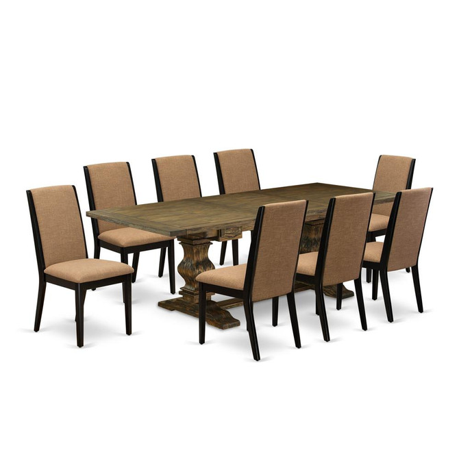 9-pc dining room table set with Chairs Legs and Light Sable Linen Fabric
