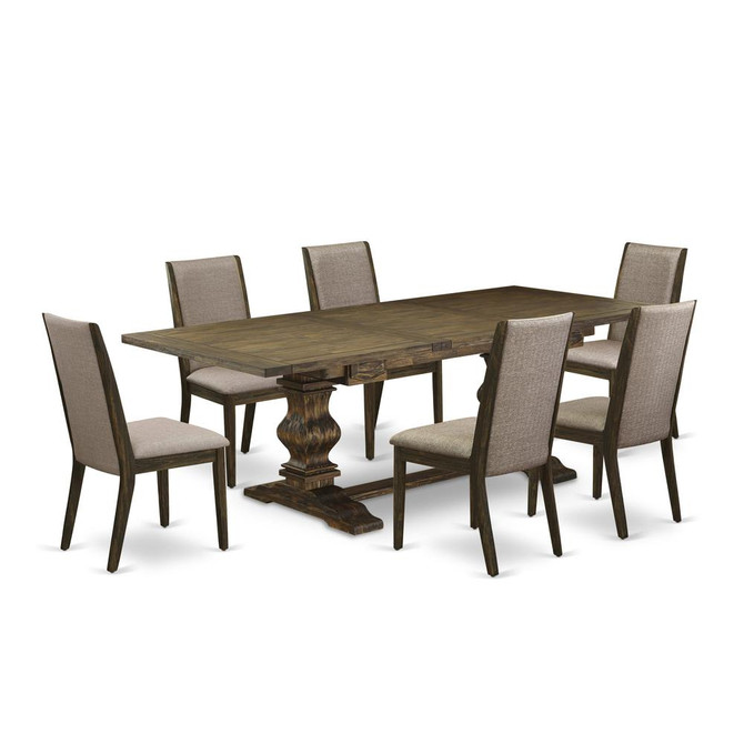 7-pc dining set with Chairs Legs and Dark Khaki Linen Fabric
