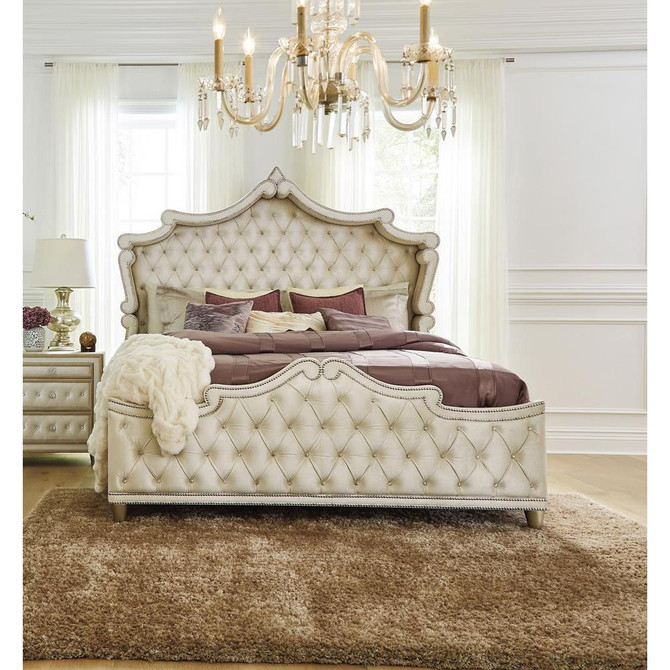 Antonella Upholstered Tufted California King Bed Ivory and Camel