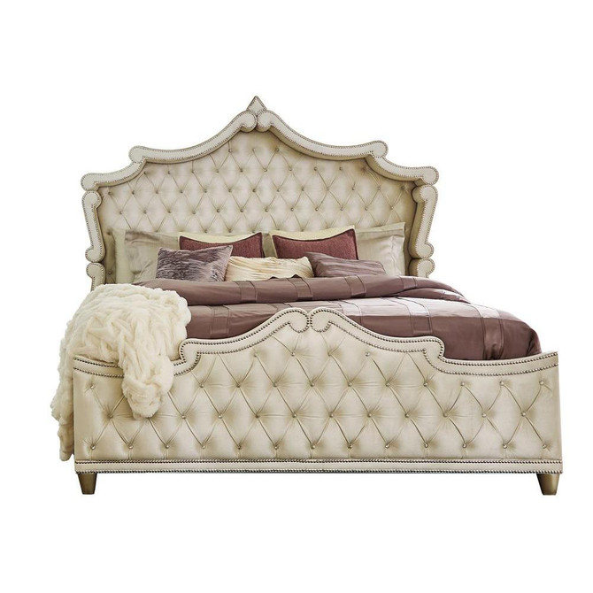 Antonella 4-Piece Eastern King Upholstered Tufted Bedroom Set Ivory and Camel