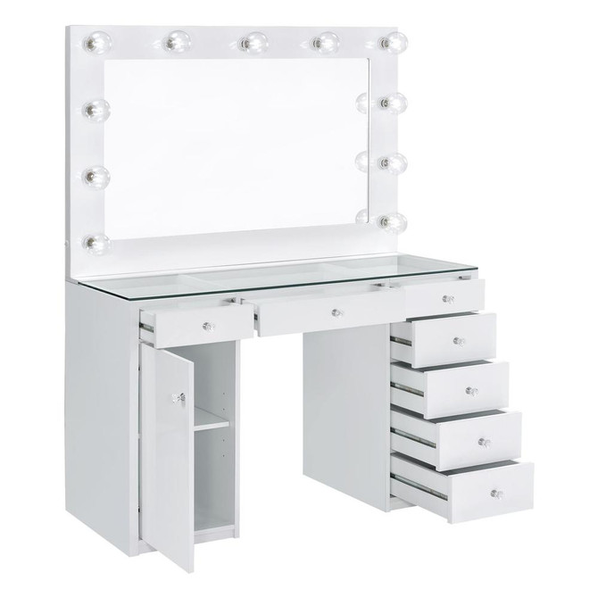 Acena 7-drawer Glass Top Vanity Desk with Lighting White