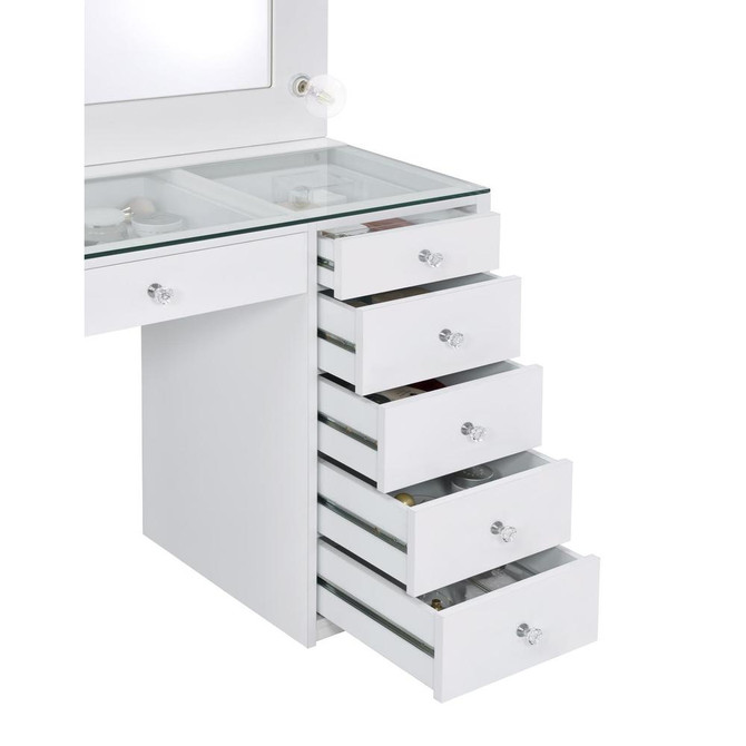 Acena 7-drawer Glass Top Vanity Desk with Lighting White