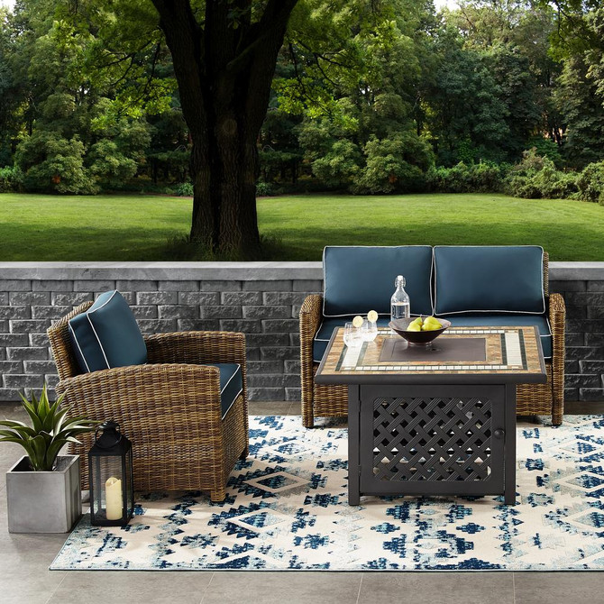 Bradenton 3Pc Outdoor Wicker Conversation Set W/Fire Table Weathered Brown/Navy - Loveseat, Armchair, & Tucson Fire Table