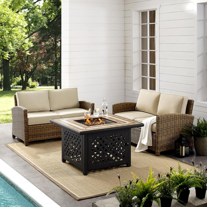 Bradenton 3Pc Outdoor Wicker Conversation Set W/Fire Table Sand/Weathered Brown - Tucson Fire Table & 2 Loveseats