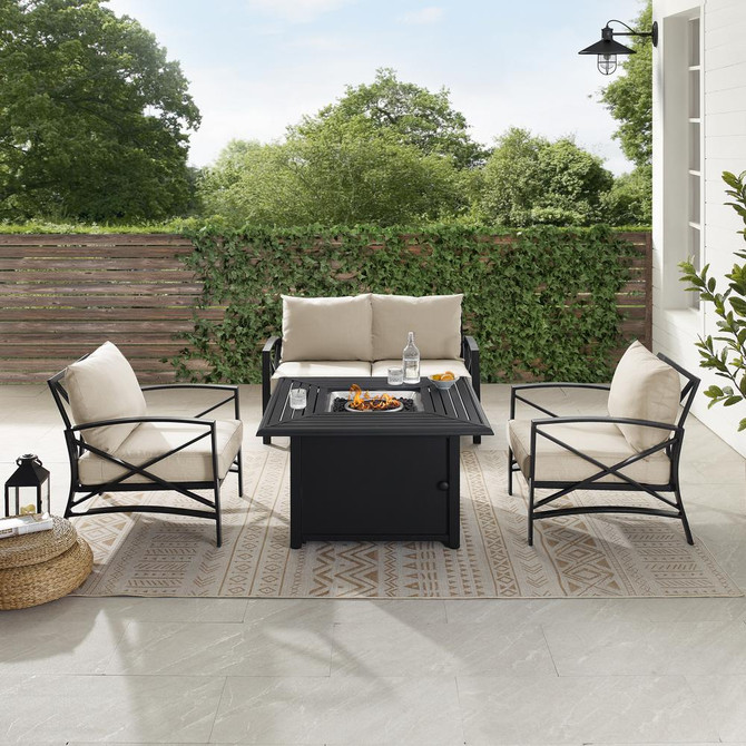 Kaplan 4Pc Outdoor Metal Conversation Set W/Fire Table Oatmeal/Oil Rubbed Bronze - Loveseat, Dante Fire Table, & 2 Arm Chairs