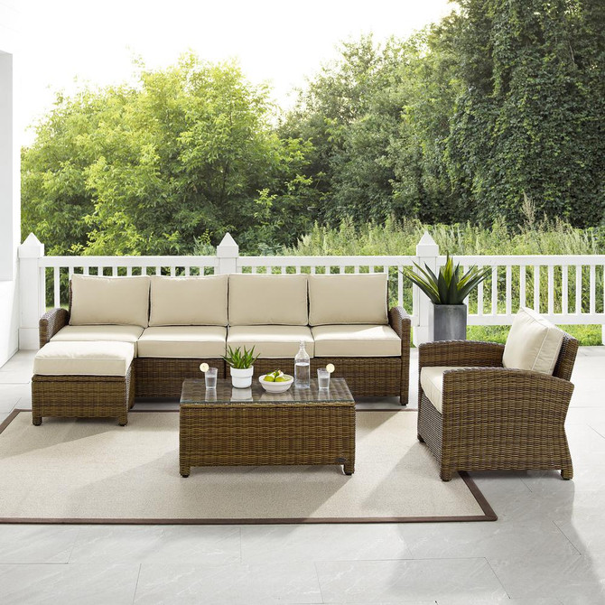 Bradenton 5Pc Outdoor Wicker Sectional Set Sand /Weathered Brown - Left Loveseat, Right Loveseat, Armchair, Coffee Table, & Ottoman