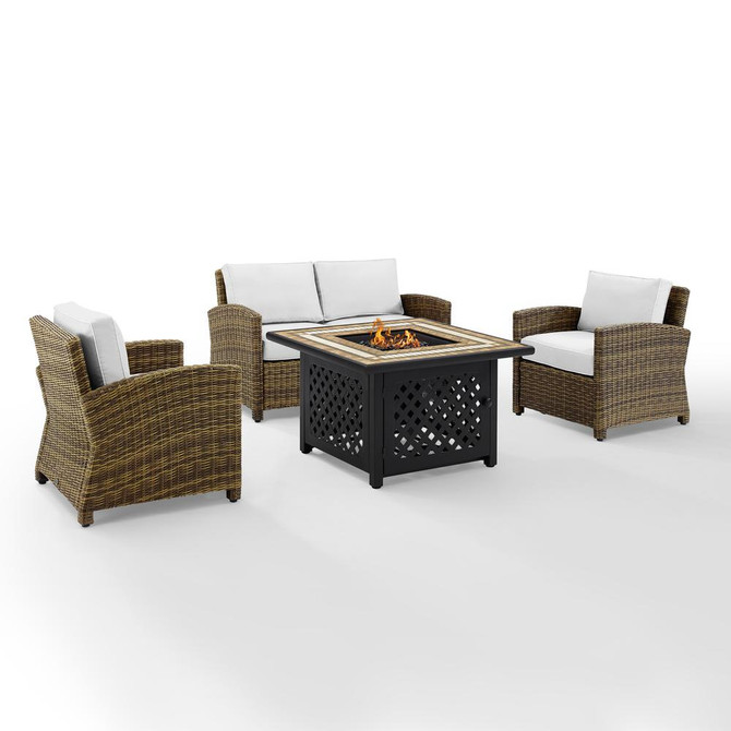 Bradenton 4Pc Outdoor Convo Set W/Fire Table - Sunbrella White/Weathered Brown - Loveseat, Tucson Fire Table, & 2 Arm Chairs