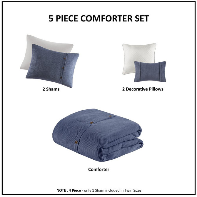 5 Piece Corduroy Comforter Set, Full/Queen, Navy