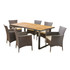 Belle Outdoor 6-Seater Rectangular Acacia Wood and Wicker Dining Set, Teak with Black and Multi Brown with Beige